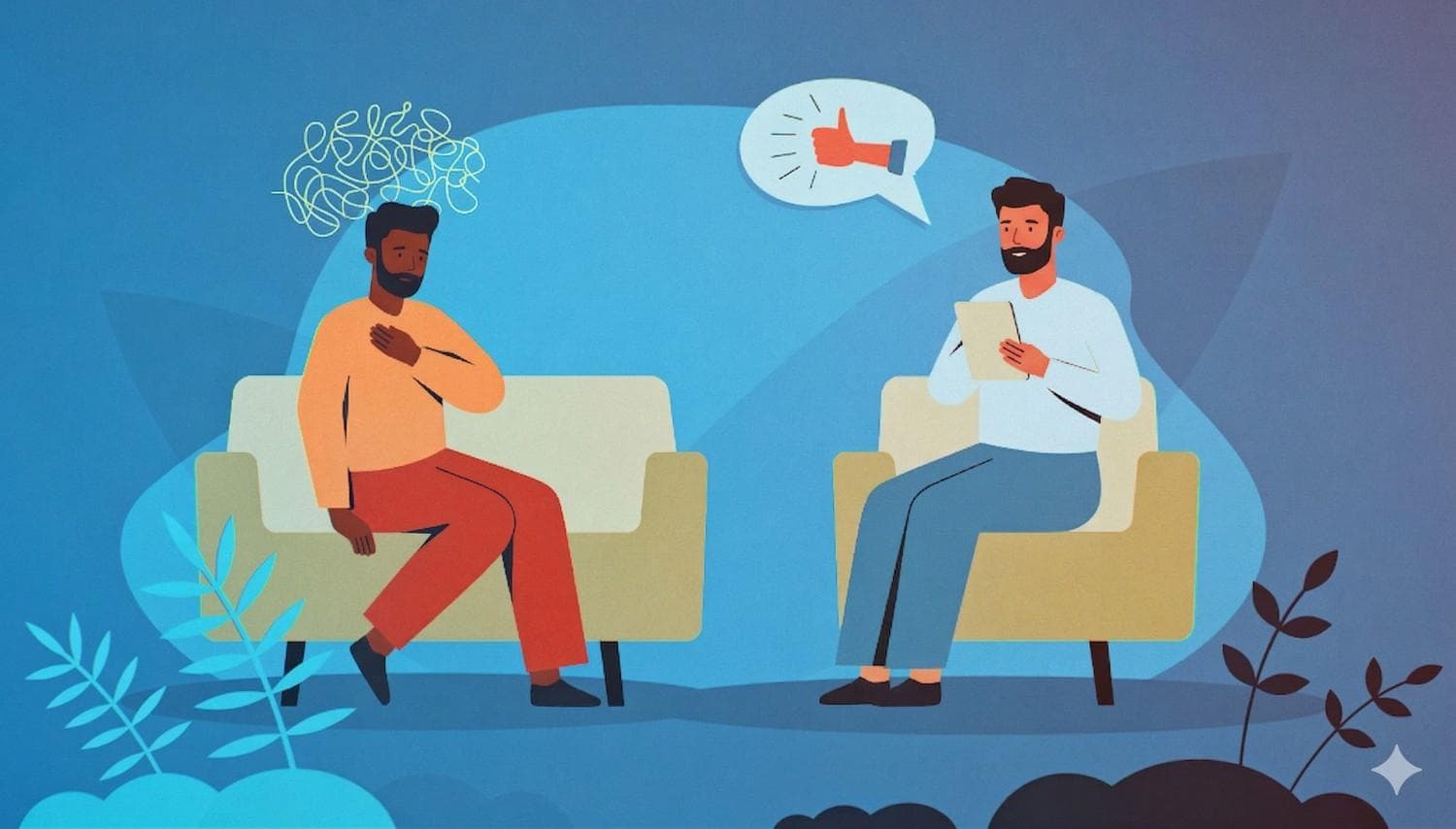 Dos hombres sentados conversando; uno parece angustiado con un garabato enredado sobre su cabeza, mientras el otro levanta el pulgar en señal de aprobación automática, ilustrando el hábito de complacer a los demás y la evitación del conflicto.